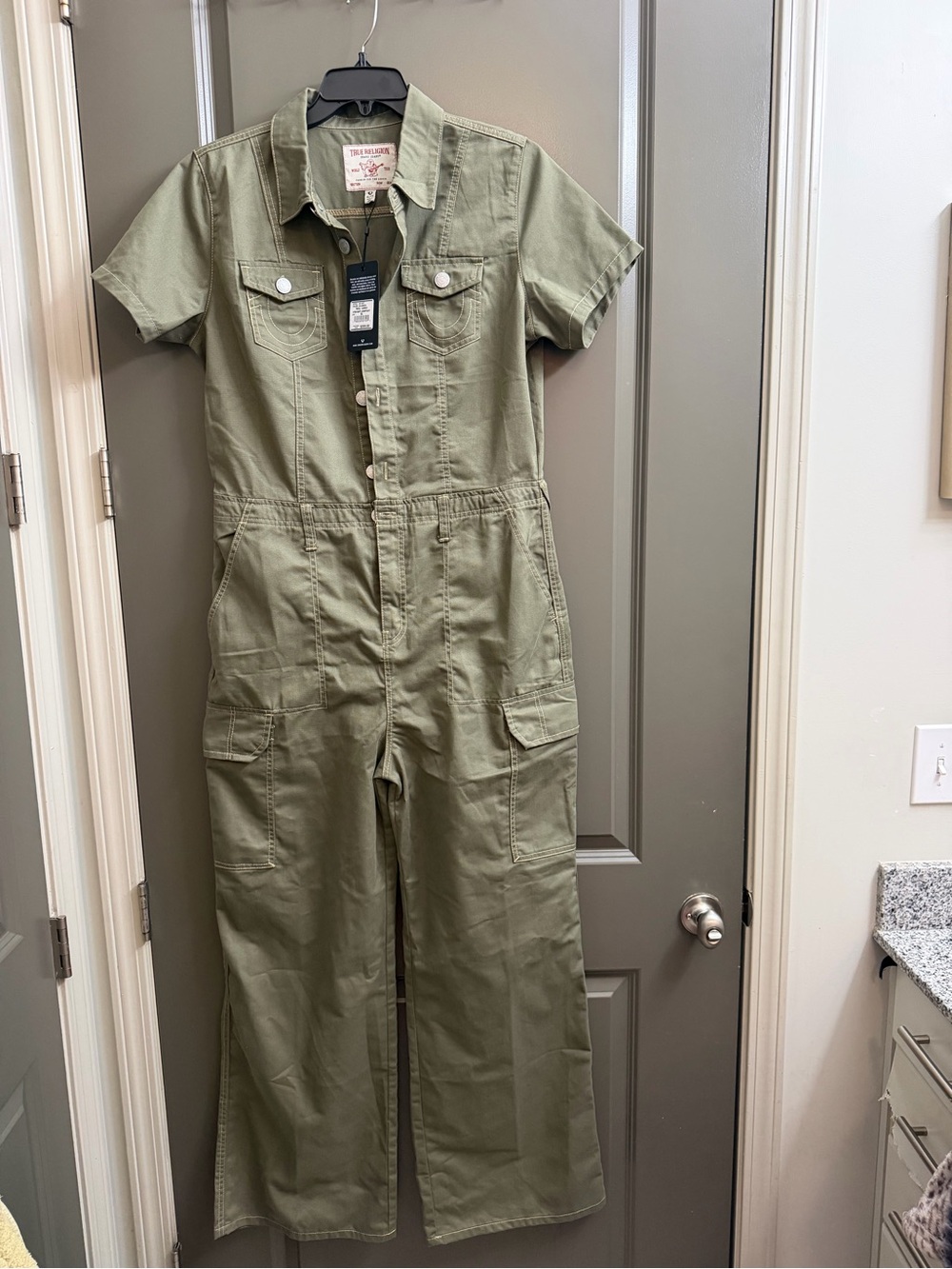True Religion Twill Cargo Straight Jumpsuit in Kalamata